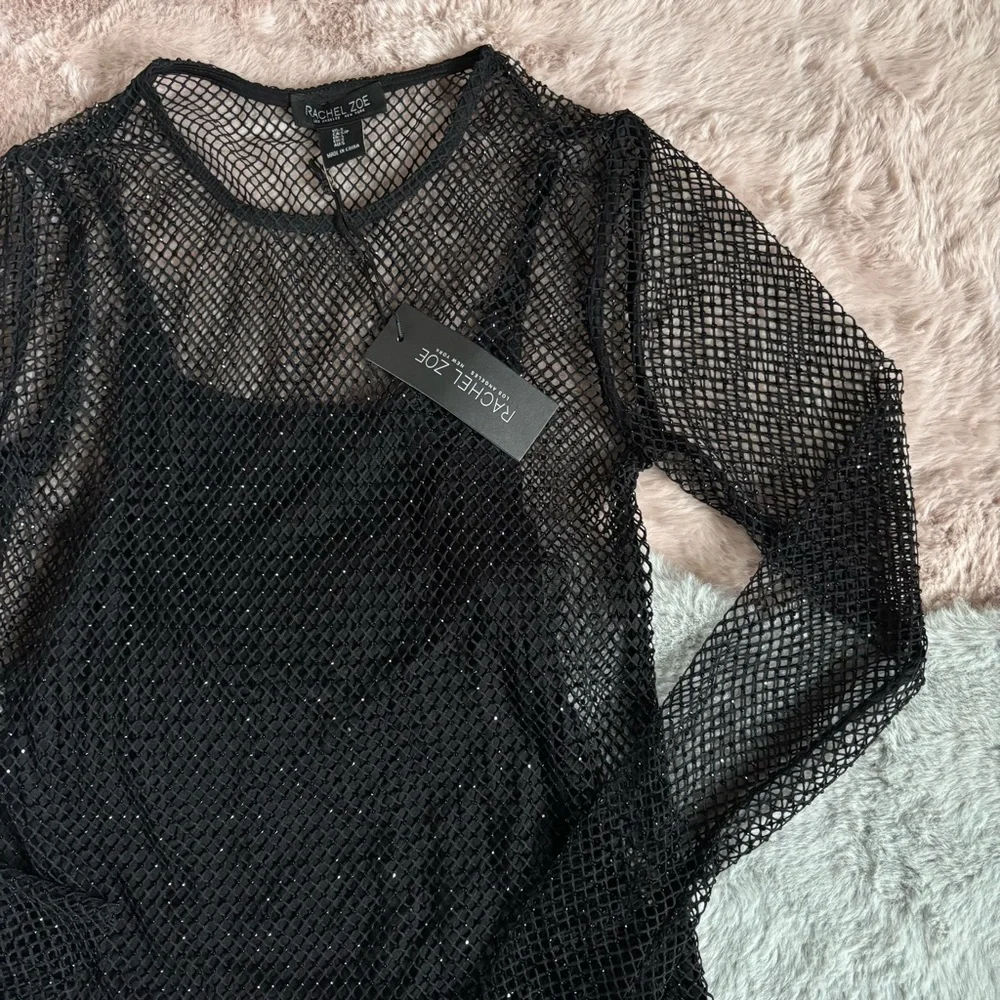 Rachel Zoe black mesh netting rhinestone long sleeves top